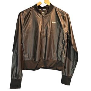 Nike Size Medium Women's Running Jacket Black Zipper Pockets thumb holes crop